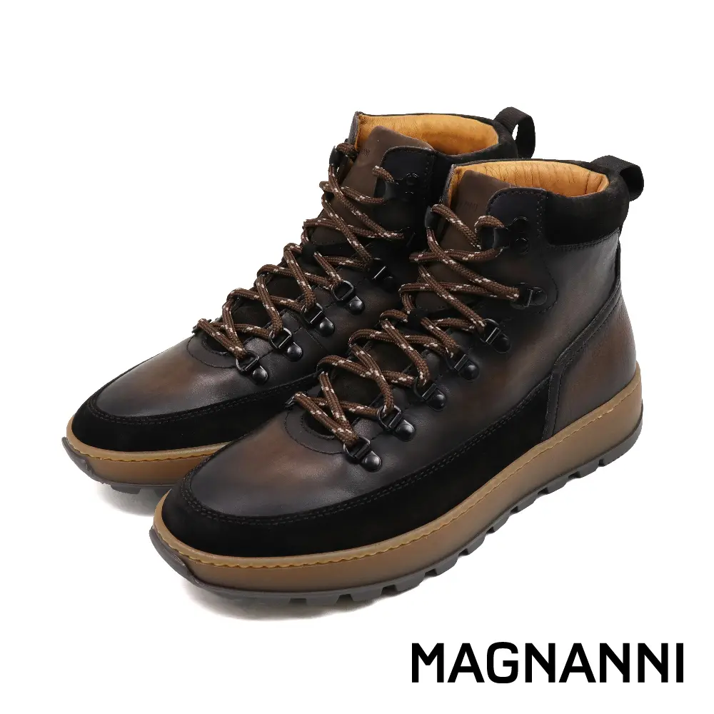 【MAGNANNI】西班牙手染厚底拼接造型中筒靴 深棕色-40