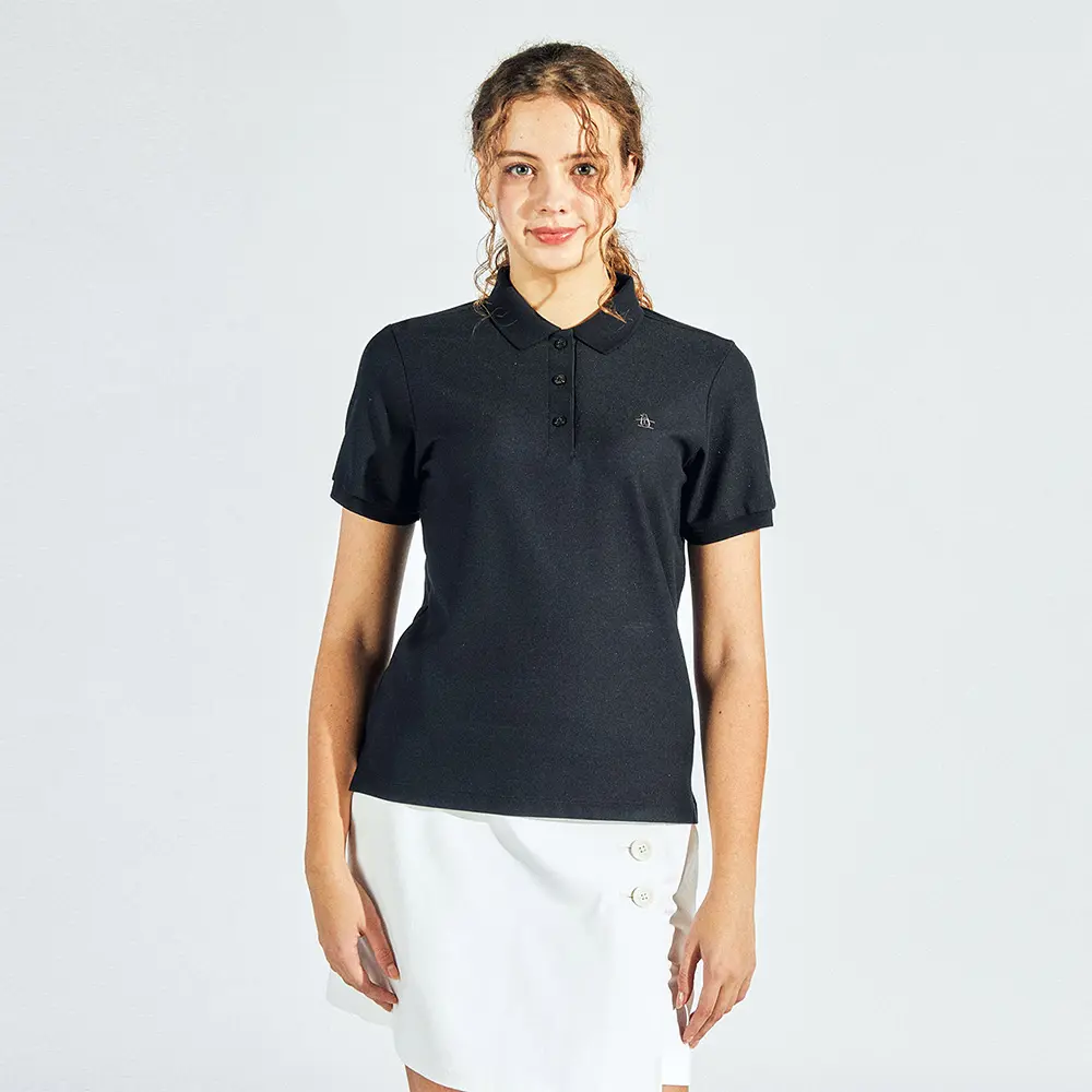【Munsingwear】女款黑色透氣舒適合身剪裁短袖POLO衫-L