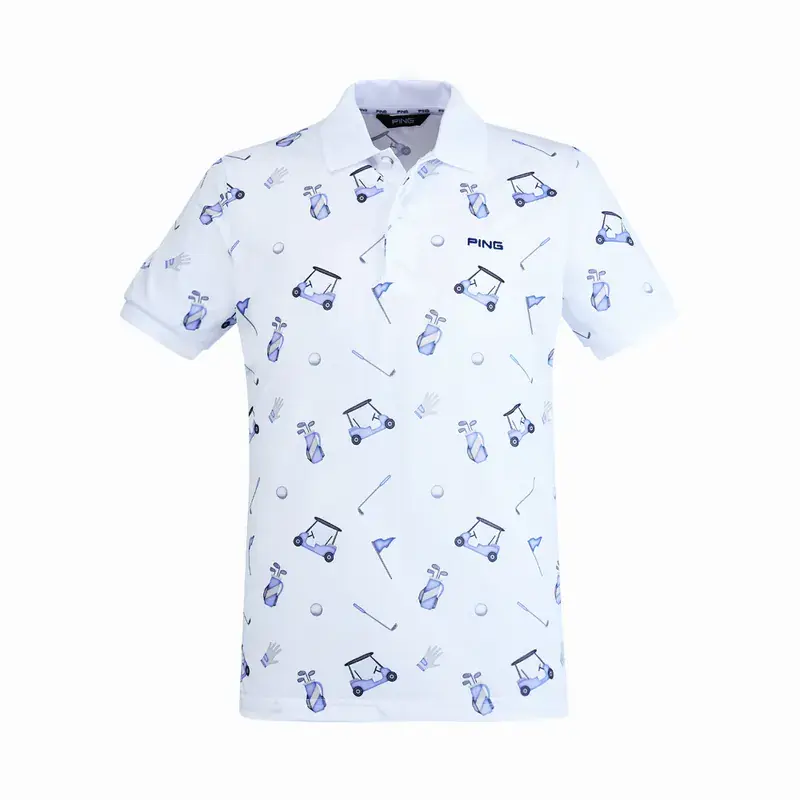 【PING】男款球具圖騰抗UV高爾夫短袖POLO衫-白-XL