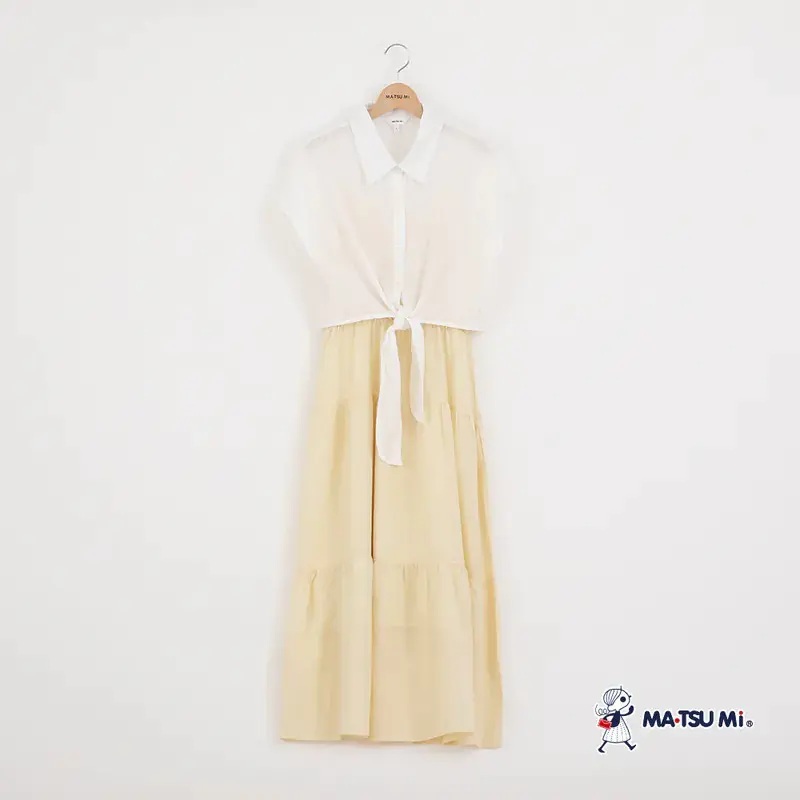 【MA-TSU Mi】兩件式背心蛋糕裙透膚綁帶罩衫洋裝-粉黃,S