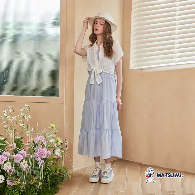 【MA-TSU Mi】兩件式背心蛋糕裙透膚綁帶罩衫洋裝-水藍,L